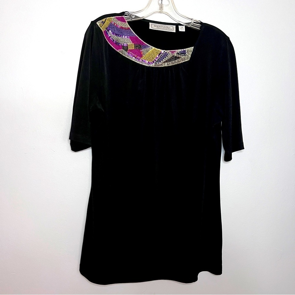 SIMONTON Says Elegant Black Top with Colorful Embellished Neckline NWOT Size M